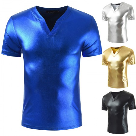 Men's T-Shirt V-Neck Solid Color Shiny Nightclub Design Dynamic Fashion Sexy Short Sleeve T-Shirt