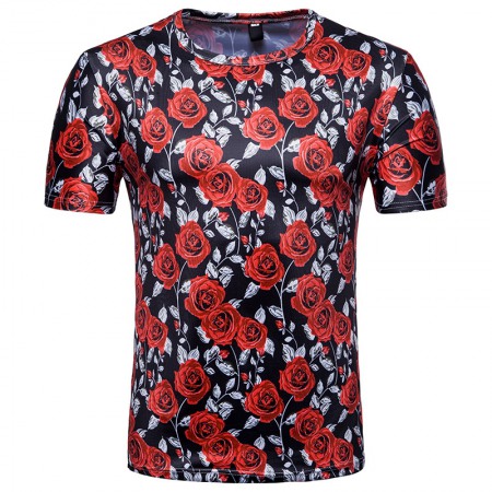 Men's 3D Short Sleeve T-Shirt Rose Print Valentine's Day Red Rose T-Shirt Flower